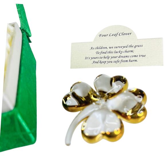VTG Glass Four Leaf CLOVER CHARM Blessing Shamrock Figurine In Box Gold Detail - Picture 3 of 8